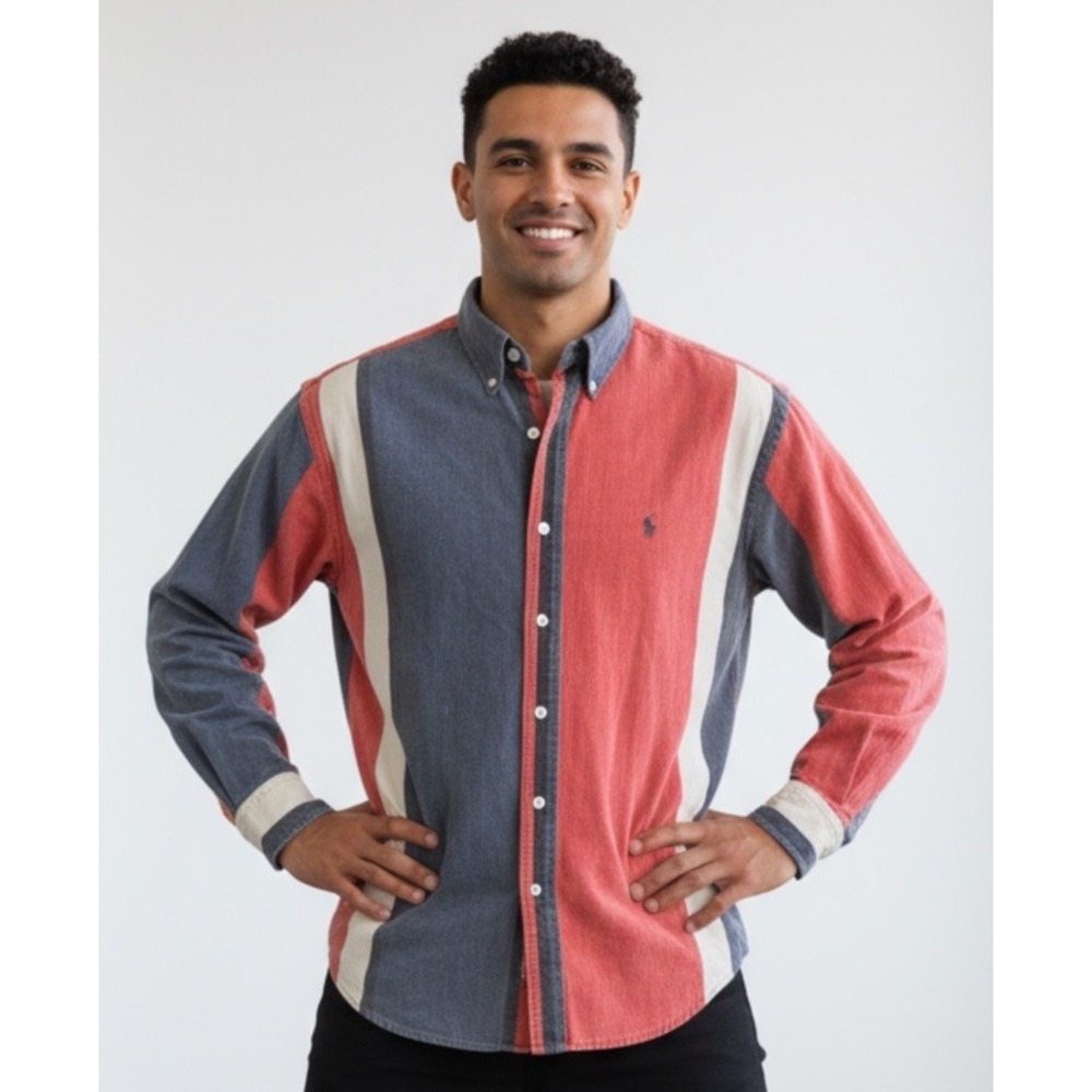 Ralph Lauren Shirt Mens M Striped Color Block Button Down Vtg Classic 90's